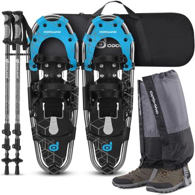 Odoland 4-in-1 Snowshoes for Men and Women with Trekking Poles, Carrying Tote Bag and Waterproof Snow Leg Gaiters, Lightweight Aluminum Alloy Snow Shoes, Blue+Black, Size 30''
