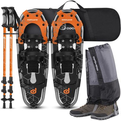 Odoland 4-in-1 Snowshoes for Men and Women with Trekking Poles, Carrying Tote Bag and Waterproof Snow Leg Gaiters, Lightweight Aluminum Alloy Snow Shoes, Orange+Black, Size 30''