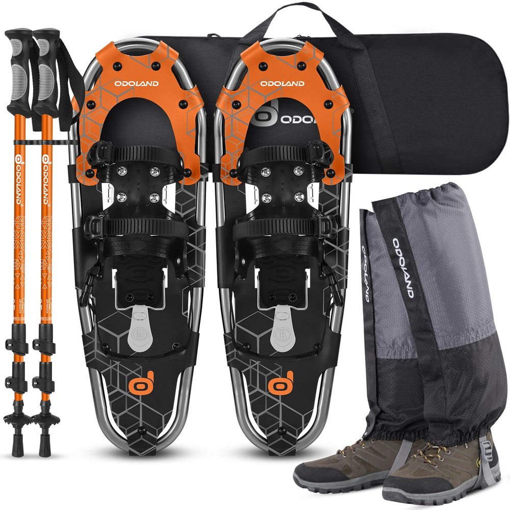 Odoland 4-in-1 Snowshoes for Men and Women with Trekking Poles, Carrying Tote Bag and Waterproof Snow Leg Gaiters, Lightweight Aluminum Alloy Snow Shoes, Orange+Black, Size 30''