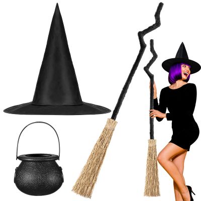 Lewtemi 3 Pcs Halloween Witch Broom Costume Accessories Crooked Witch Broomstick Hat and Halloween Candy Mini Cauldron for Party Realistic Wizard Flying Broom Cosplay Accessories