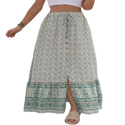 chouyatou Women's Boho Elastic Waist A-Line Floral Print Maxi Skirt Front Split (X-Large, Green)
