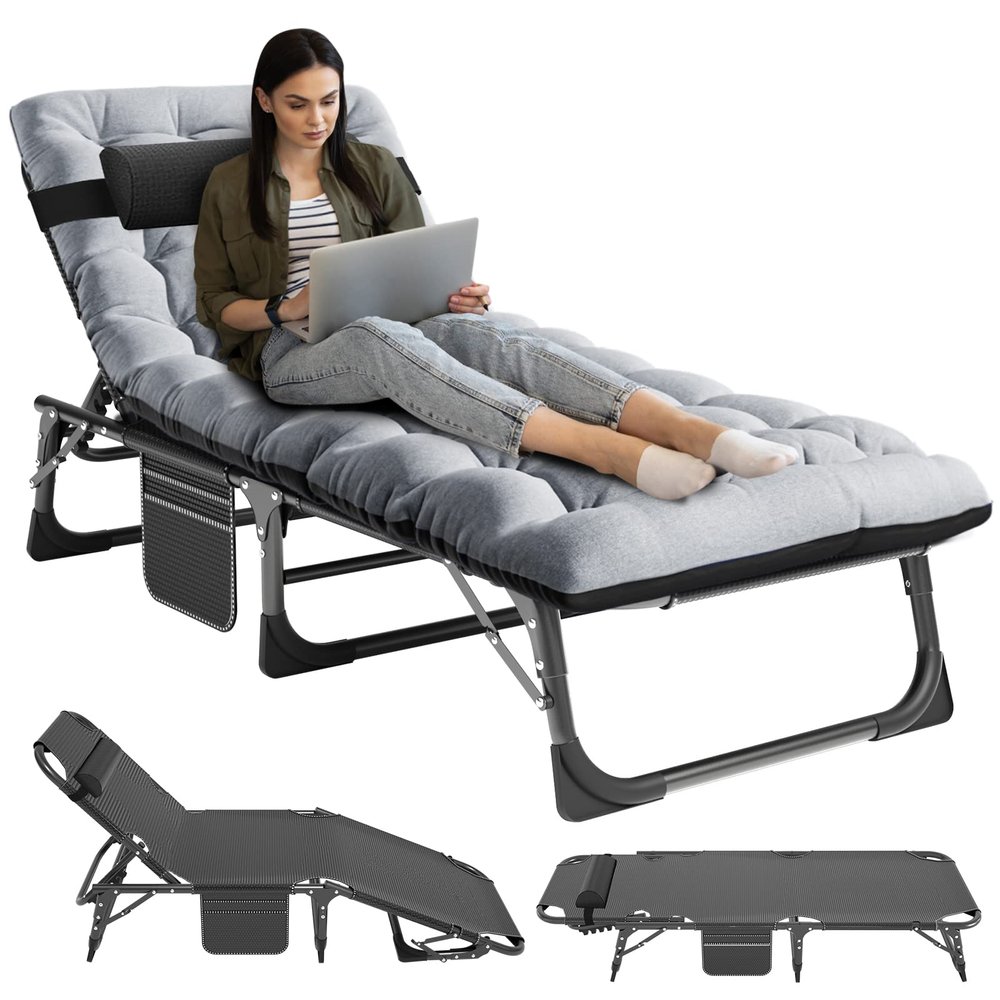 NAIZEA Folding Camping Cots, 4-Fold Sleeping Cots for Adults, Reclining Folding Chaise with Pillow, Adjustable Camping Reclining Chair, Outdoor Patio Lounge Chair for Pool, Beach, Patio, Sun Tanning