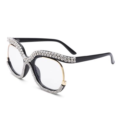 COASION Blue Light Blocking Oversized Glasses Stylish Fake Eyeglasses for Women Round Frame with Clear Lens Eyewear (Black - Diamon)