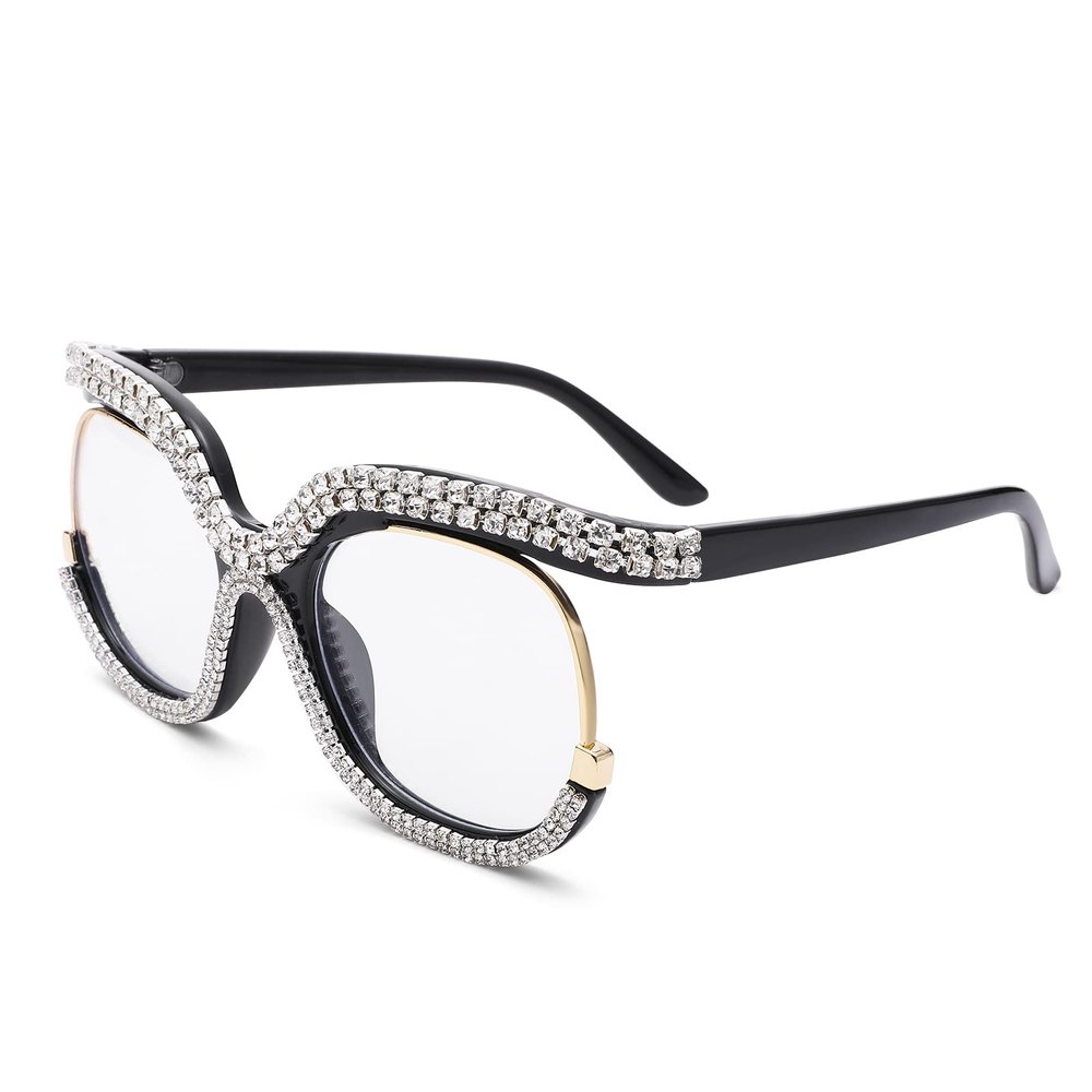 COASION Blue Light Blocking Oversized Glasses Stylish Fake Eyeglasses for Women Round Frame with Clear Lens Eyewear (Black - Diamon)
