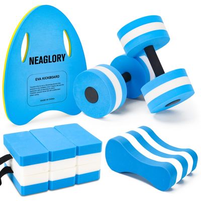 NEAGLORY 5 Pieces Water Aerobics Set Aquatic Exercise Set Pool Fitness Equipment with Foam Dumbbell, Swim Kickboard, Pull Buoy, Aquatic Swim Belt for Water Workout, Blue