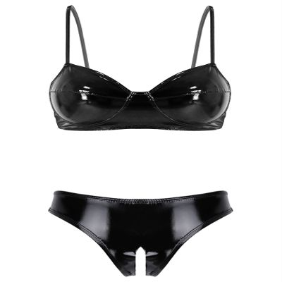 QinCiao Women's Bikini Set Shiny Wetlook 2 Piece Swimsuit Push Up Swimwear Lingerie Bathing Suit Black Medium