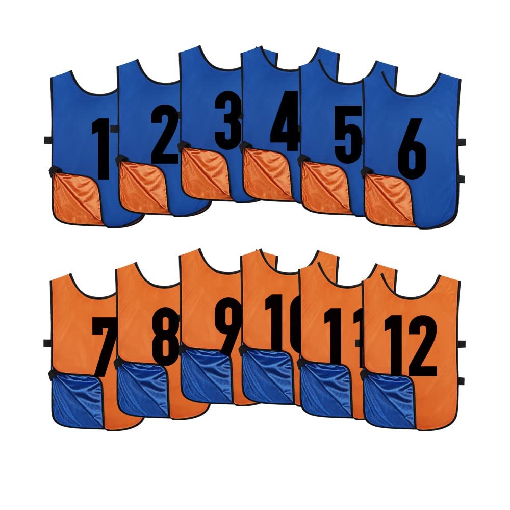 Saaifuu 12 Pack Reversible Numbered Pinnies, Double Sided Scrimmage Vest,Team Practice Jerseys for Kids and Adult(Orange/Dark Blue, XL)