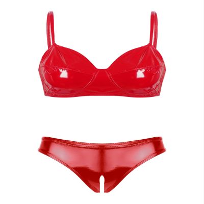 QinCiao Women's Bikini Set Shiny Wetlook 2 Piece Swimsuit Push Up Swimwear Lingerie Bathing Suit Red X-Large