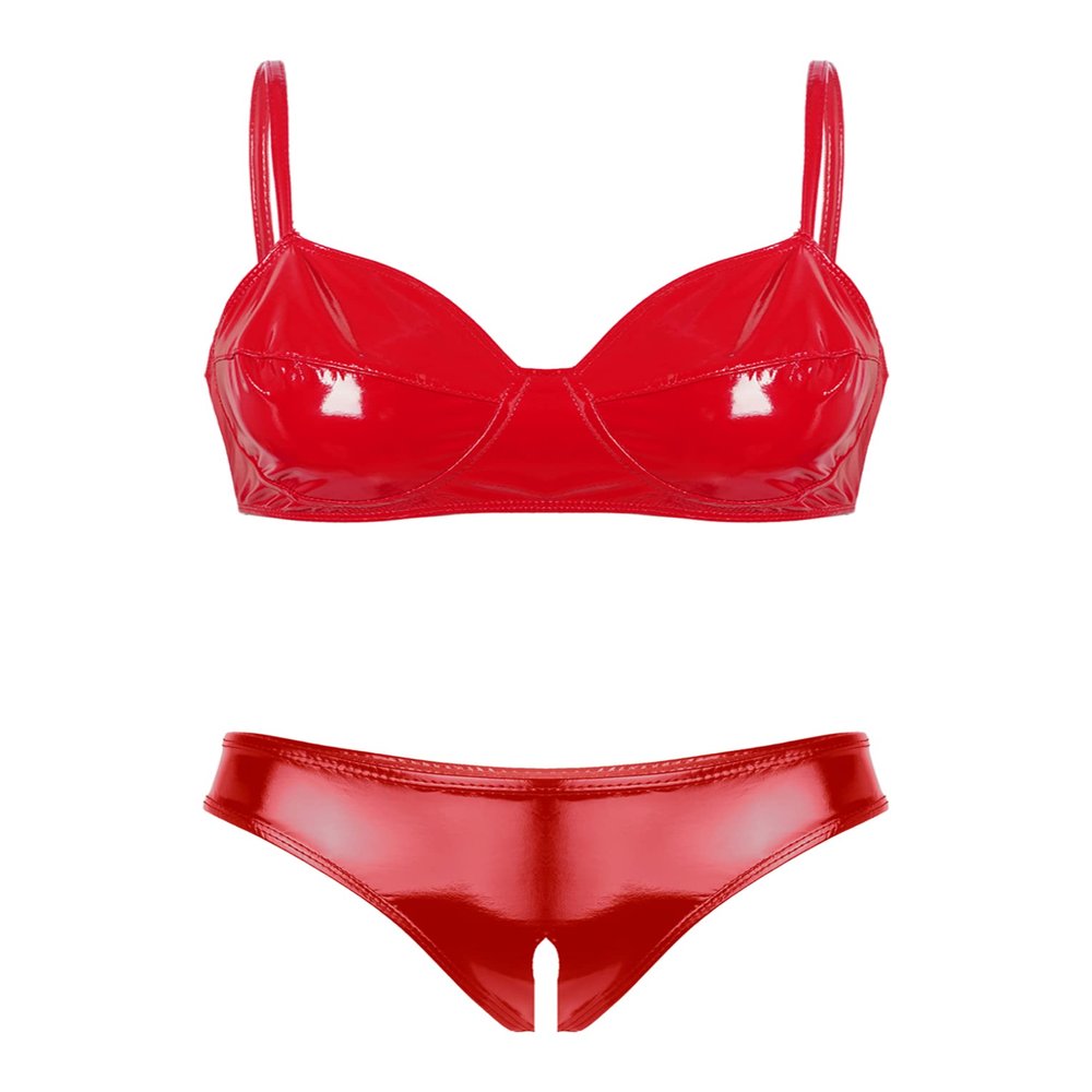 QinCiao Women's Bikini Set Shiny Wetlook 2 Piece Swimsuit Push Up Swimwear Lingerie Bathing Suit Red X-Large