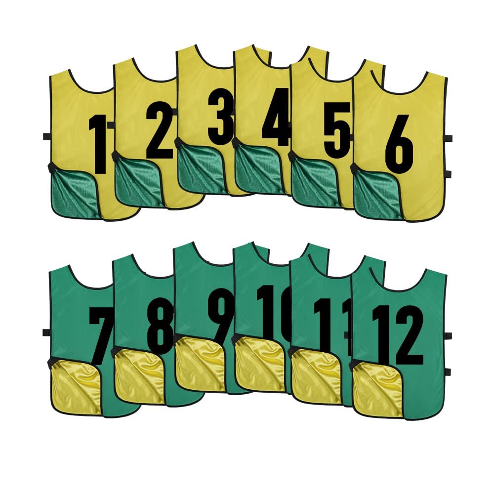 Saaifuu 12 Pack Reversible Numbered Pinnies, Double Sided Scrimmage Vest,Team Practice Jerseys for Kids and Adult(Grass Green/Yellow, XL)