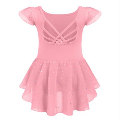 Arshiner Girls Shiny Ruffle Sleeve Ballet Leotard with Skirt Criss-Cross Back Dance Dresses Dark Pink