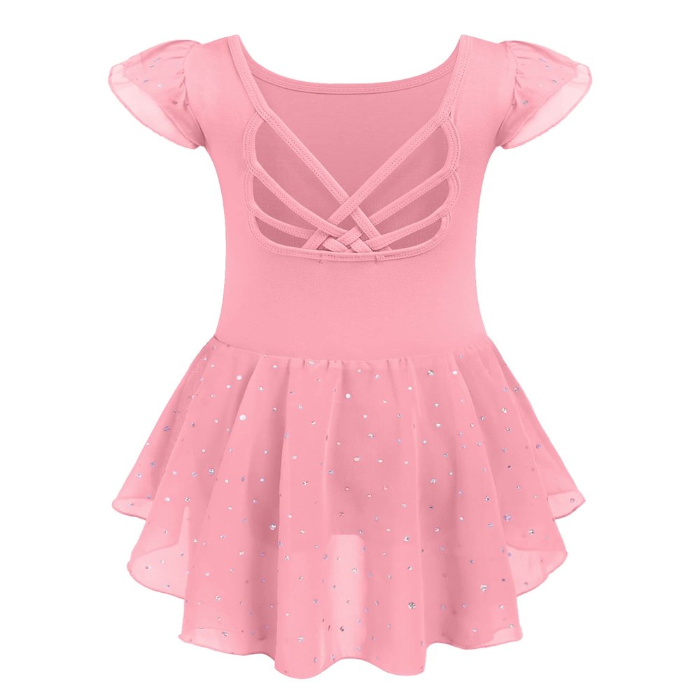 Arshiner Girls Shiny Ruffle Sleeve Ballet Leotard with Skirt Criss-Cross Back Dance Dresses Dark Pink