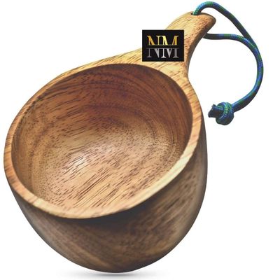 Handcrafted Wooden Camping Utensil - 100% Natural Hardwood with Micro Carabiner & Leather Lanyard - Traditional Nordic Wood Design - Lightweight & Durable (Kuksa Mug)