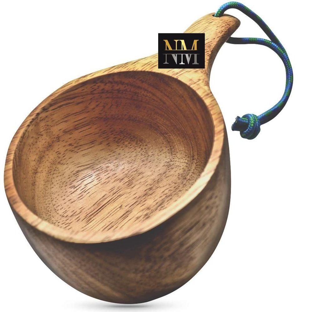 Handcrafted Wooden Camping Utensil - 100% Natural Hardwood with Micro Carabiner & Leather Lanyard - Traditional Nordic Wood Design - Lightweight & Durable (Kuksa Mug)