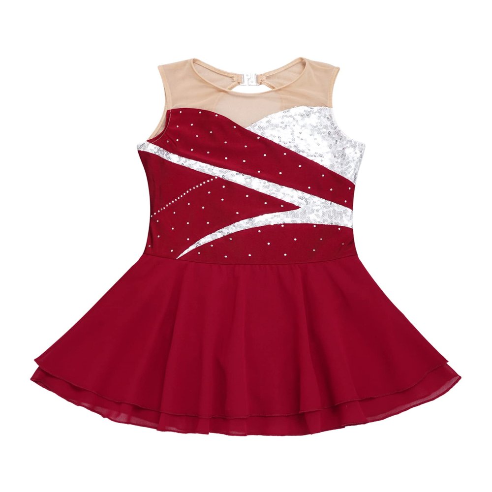 Agoky Big Girls' Kids Sparkly Ice Figure Skating Roller Skating Dress Gymnastic Tutu Skirted Leotard Costume Red A 5-6
