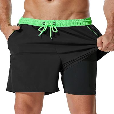 SILKWORLD Mens Swim Trunks with Compression Liner 2 in 1 Quick Dry Swimwear Beach Shorts with Zipper Pockets,Black(Green Waistband),XX-Large