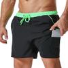 SILKWORLD Mens Swim Trunks with Compression Liner 2 in 1 Quick Dry Swimwear Beach Shorts with Zipper Pockets,Black(Green Waistband),XX-Large view 3