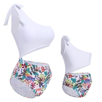 Family Matching Swimwear Ruffle Swimsuit Striped Bikini Set for Mommy and Me Casual Family Swimsuits Floral Beachwear Set Summer Bathing Suit White Small