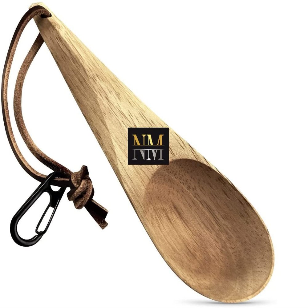 Handcrafted Wooden Camping Utensil - 100% Natural Hardwood with Micro Carabiner & Leather Lanyard - Traditional Nordic Wood Design - Lightweight & Durable (Kanu Spoon)