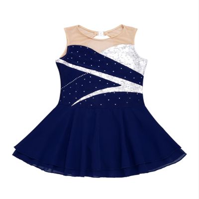 Agoky Big Girls' Kids Sparkly Ice Figure Skating Roller Skating Dress Gymnastic Tutu Skirted Leotard Costume Dark Blue A 7-8