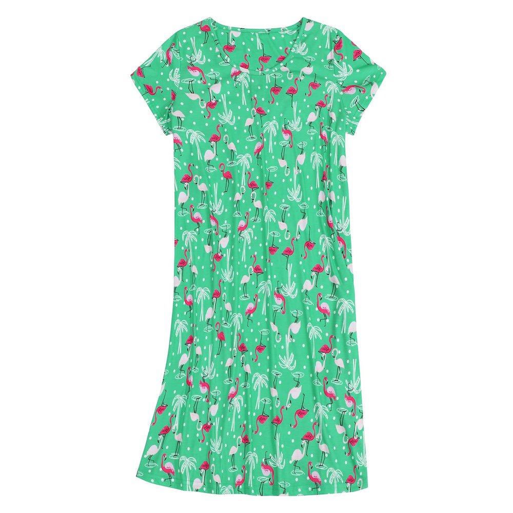 Womens Sleep Shirts Nightgowns Cotton Sleep Dress Short Sleeve Night Gown Nightwear Casual Sleepwear Soft Pajamas Dress Flamingo On Green XL