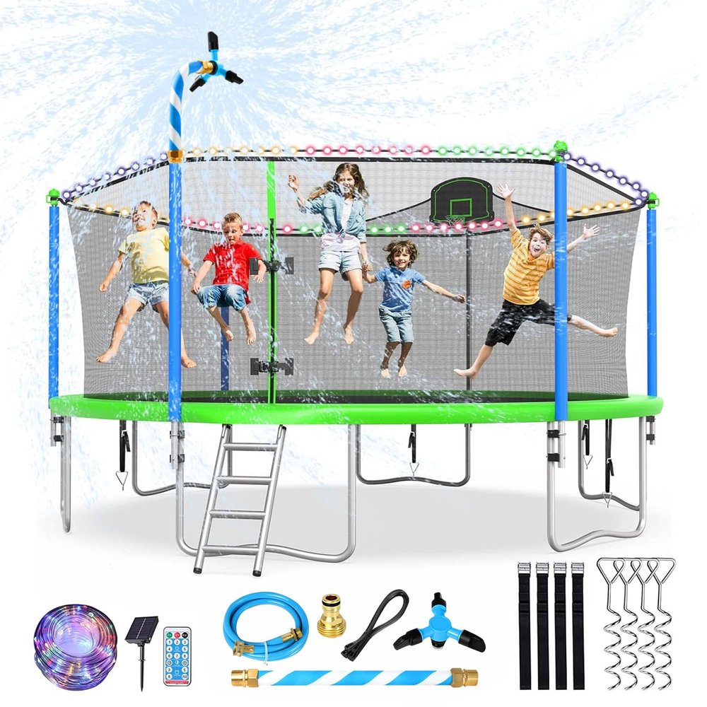 Lyromix Upgraded 16FT Trampoline with Lights, Large Outdoor Trampoline with Sprinkler,Basketball Hoop and Net, Capacity for 5-8 Kids and Adults, Teal Blue
