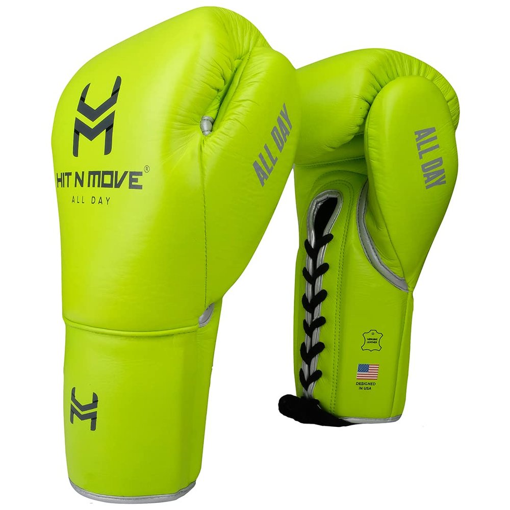 HIT N MOVE All Day Pro Balance Sparring and Bag Boxing Gloves LACE UP, Boxing Gloves Men, Boxing Equipment, Sparring & Bag Gloves for Boxing, Kickboxing, Muay Thai, MMA (Neon Green, 16 OZ)