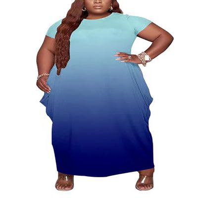 Women Plus Size Maxi Loose Long Dress Summer Casual Gradient Print Short Sleeve T Shirt Baggy Oversize Dresses with Pocket