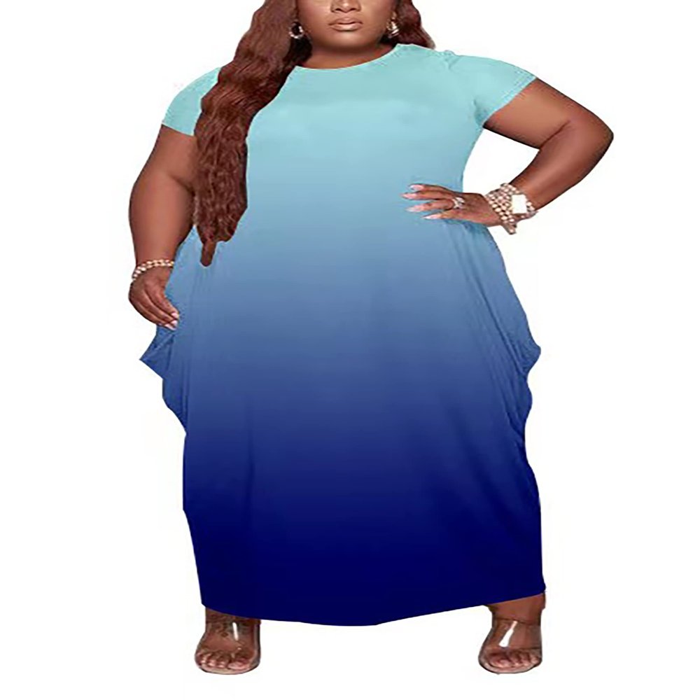 Women Plus Size Maxi Loose Long Dress Summer Casual Gradient Print Short Sleeve T Shirt Baggy Oversize Dresses with Pocket