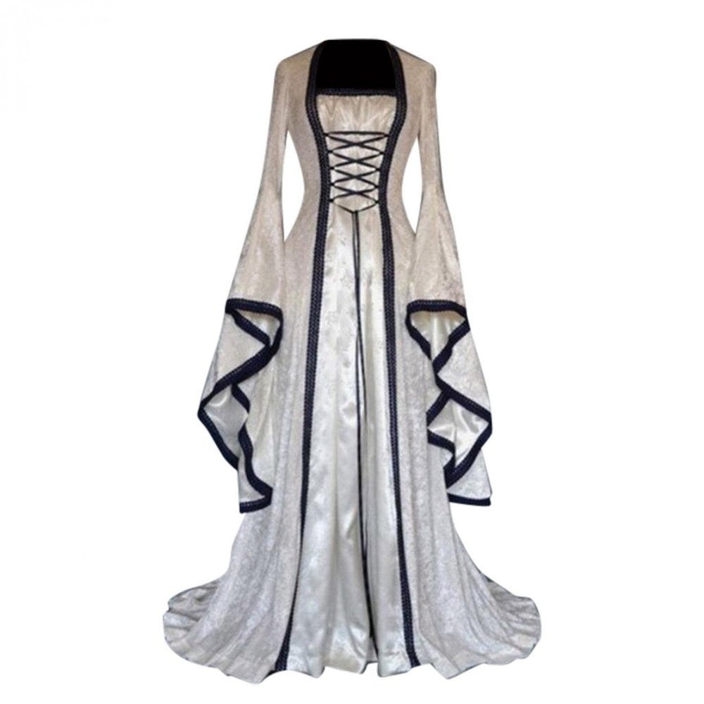 Women's Halloween Costumes Flare Sleeve Princess Dress Vintage Medieval Lace Up Floor Length Victorian Ball Gown White
