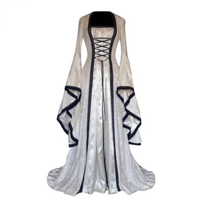 Women's Halloween Costumes Flare Sleeve Princess Dress Vintage Medieval Lace Up Floor Length Victorian Ball Gown White