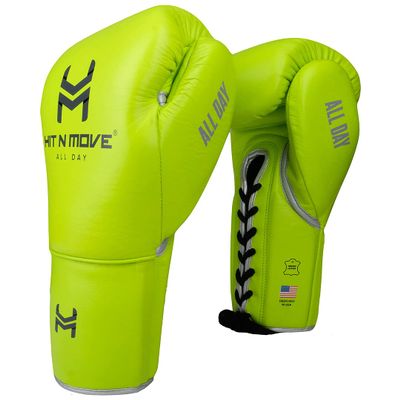 HIT N MOVE All Day Pro Balance Sparring and Bag Boxing Gloves LACE UP, Boxing Gloves Men, Boxing Equipment, Sparring & Bag Gloves for Boxing, Kickboxing, Muay Thai, MMA (Neon Green, 14 OZ)