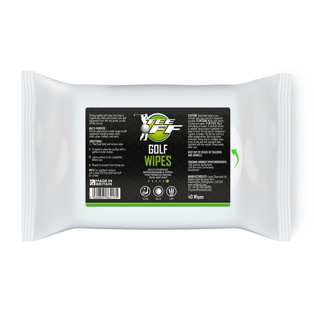 Tee Off Golf Wipes | Perfect for Cleaning Clubs, Grips, Shafts, Shoes, Balls, Trolleys and Bags | 100% Biodegradable | 50 Pack, 1pack, White