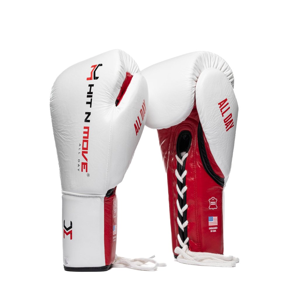 HIT N MOVE Pro Agility Sparring and Bag Gloves Lace up (White Origin, 14 OZ)