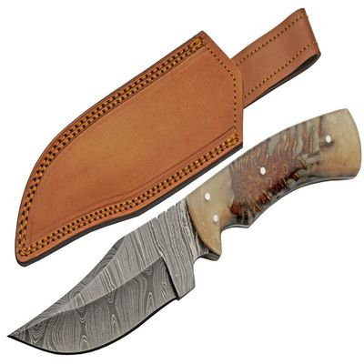 SANZ Damascus Hunting Knife 9.5 Inch - Camping Knife with Acrylic Handle, Full Tang Blade & Sheath for Hunting, Camping & Outdoor uses for Men