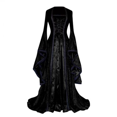 Women's Halloween Costumes Flare Sleeve Princess Dress Vintage Medieval Lace Up Floor Length Victorian Ball Gown Black