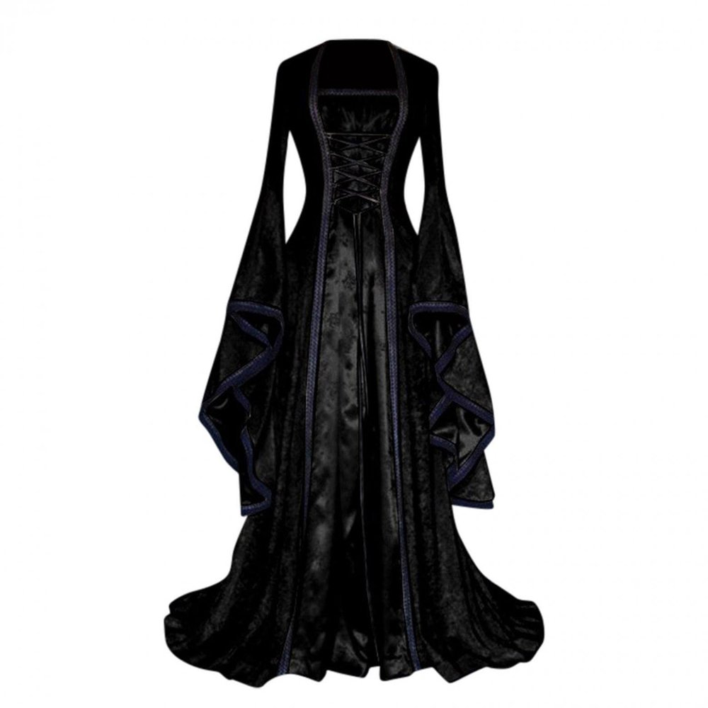 Women's Halloween Costumes Flare Sleeve Princess Dress Vintage Medieval Lace Up Floor Length Victorian Ball Gown Black