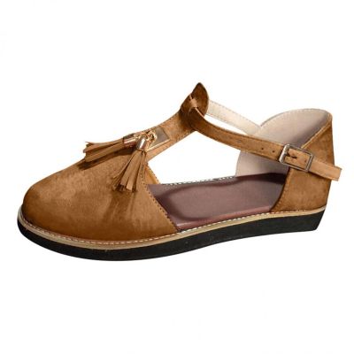 oiangi Fringed Sandals for Women Casual Summer Round Toe Closed Toe Buckle Tassel Flats Solid Comfortable Ladies Outdoor Non-Slip Shoes Sandalias Brown