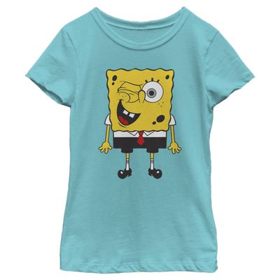 Nickelodeon Spongebob Squarepants Wink Bob Girls Short Sleeve Tee Shirt, Tahiti Blue, Large