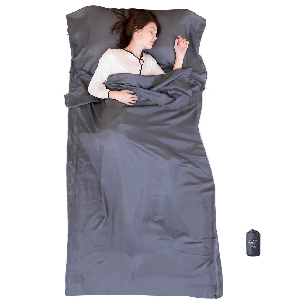 Exermil 100% Silk Sleep Sack with Zippers on 3 Sides, 87x43 Large Sleeping Liners for Hotels, Travel & Camping, Multifunctional Travel Sheets (Unzipped:87x87) for Adults, Lightweight, All Seasons