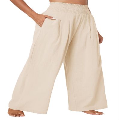 Urban CoCo Women's Elastic High Waist Light Weight Loose Casual Wide Leg Trousers Long Pants with Pocket (L, Beige)