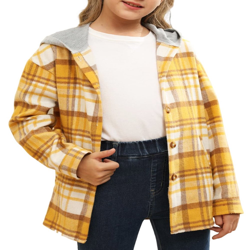 Tymidy Girls Cute Flannel Plaid Hoodie Long Sleeve Button Down Jacket Shirts Coat