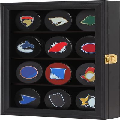 Mstrse 12 Hockey Puck Display Case Puck Holder Wall Mount Cabinet Stand Shadow Box with Glass Door Lockable