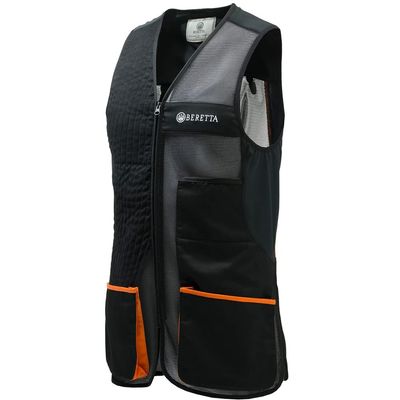 Beretta Men's Uniform Pro 20.20 Breathable Slim Fit Microsuede Patch Front Zip Competition Clay Shooting Mesh Vest with Pockets, Black Jet & Orange, XXL