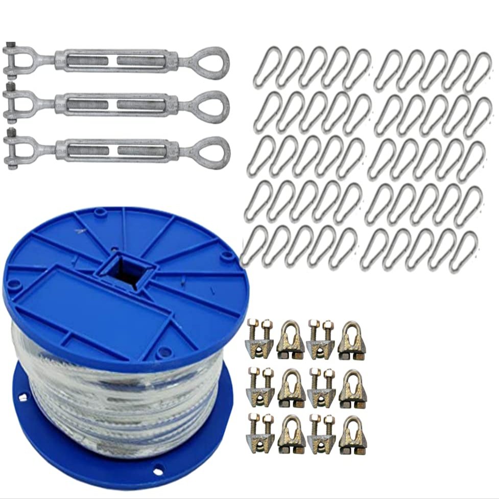 Jones Sports Heavy Duty Indoor/Outdoor Cable Kit for Baseball Softball Batting Cage Net with 3/8" turnbuckles, 3/16 Cable Clamps, and zinc snap Clips (Cable Kit for Up to 55' Long Cage)