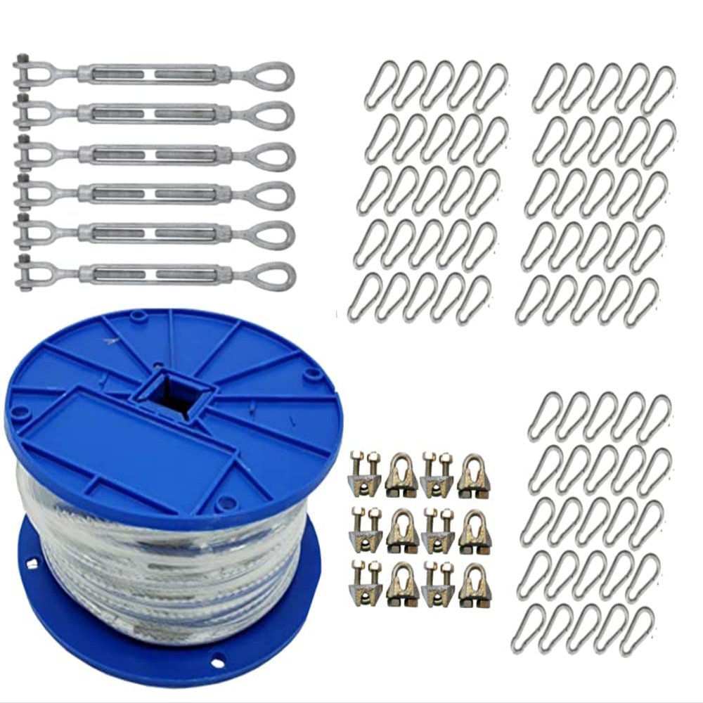 X-Heavy Duty Indoor/Outdoor Cable Kit for Baseball Softball Batting Cage Net with 1/2" turnbuckles, 1/4" cable clamps, and zinc snap clips (Cable Kit for Up To 70' Long Cage With 6 Turnbuckles)