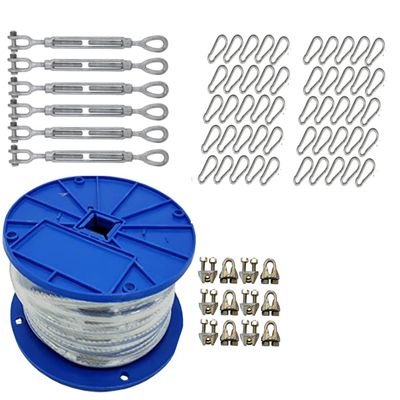X-Heavy Duty Indoor/Outdoor Cable Kit for Baseball Softball Batting Cage Net with 1/4" turnbuckles, 1/4" cable clamps, and zinc snap clips (Cable Kit for Up To 55' Long Cage With 6 Turnbuckles)