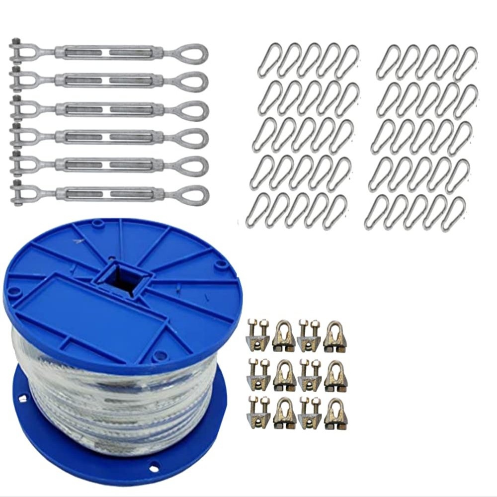 X-Heavy Duty Indoor/Outdoor Cable Kit for Baseball Softball Batting Cage Net with 1/4" turnbuckles, 1/4" cable clamps, and zinc snap clips (Cable Kit for Up To 55' Long Cage With 6 Turnbuckles)