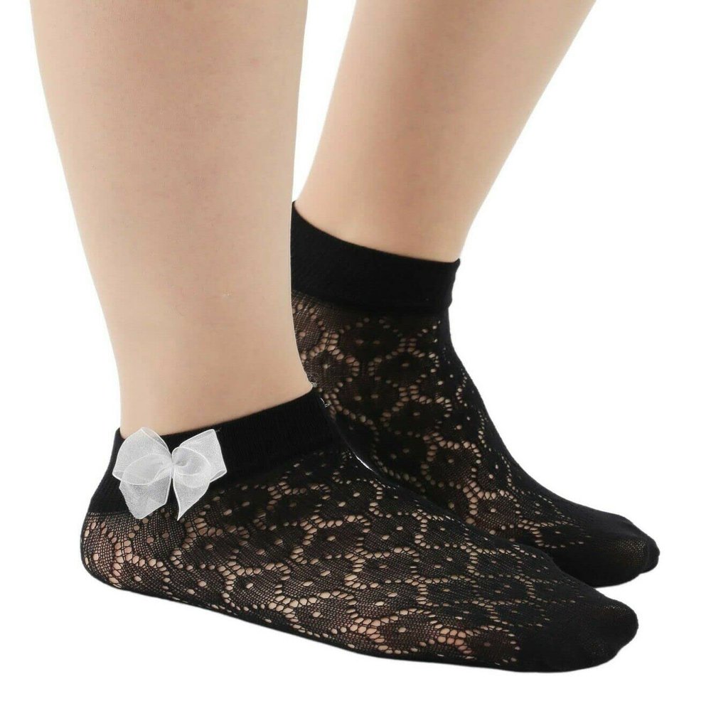 Girls Fishnet Lace Socks Sheer Ankle Black Stockings 8-12 Years