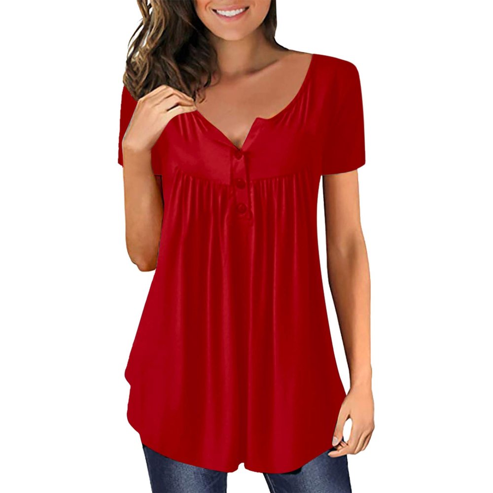 FMCHICO Tunic Tops For Women Womens V-Neck Short Sleeves Tops Pleated Summer Tunic Tee Shirt Casual Flowy Blouse